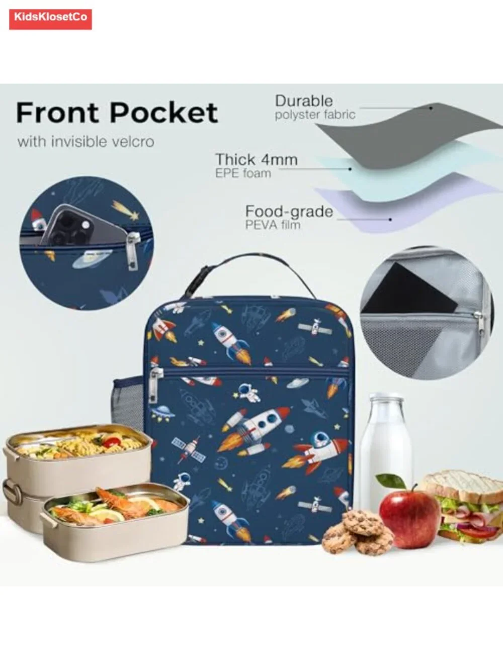 Insulated Lunch Bag for Kids Space Rocket Design Leakproof Thermal Cooler Tote